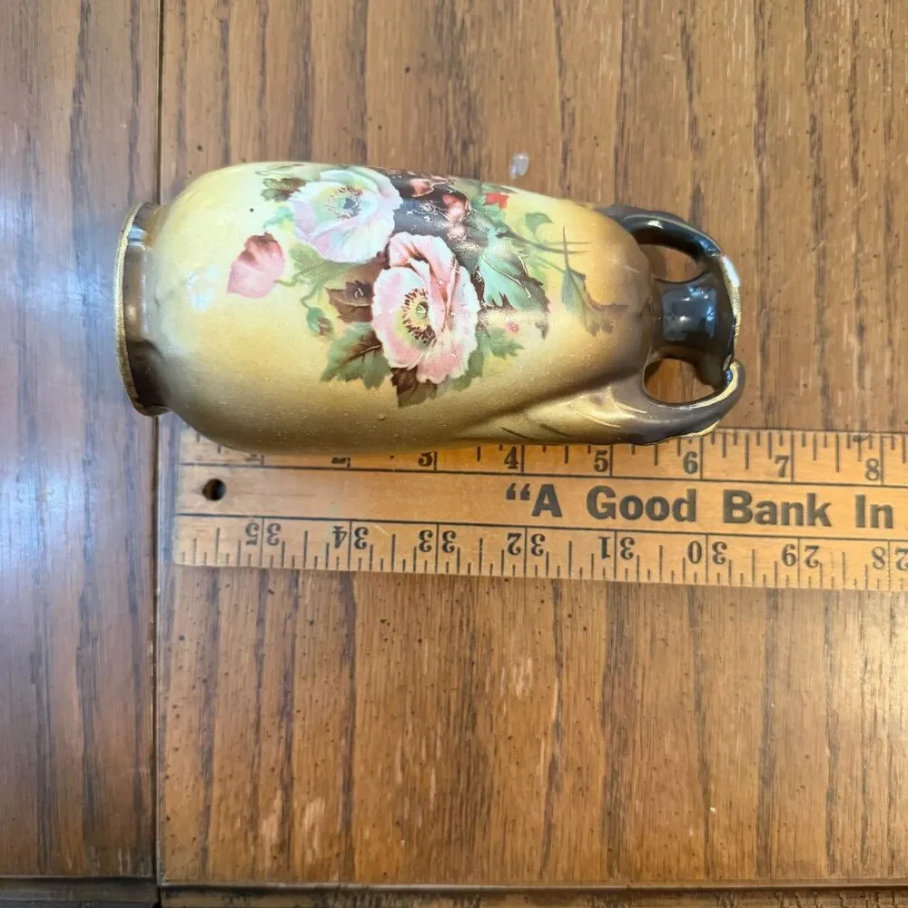 Antique Art Nouveau Double Handle Floral Cabinet Vase Gold Trim Austria Style 6